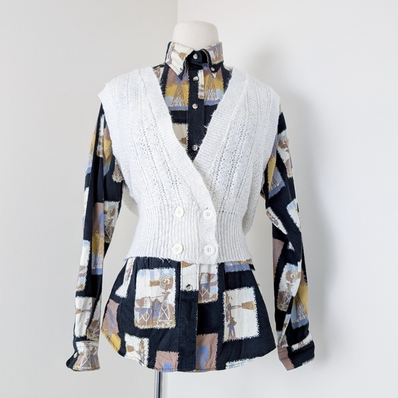 90's White Knit Vest Cropped Cable Fishermen Wrap Cross Wide Shoulders - Picture 8 of 8